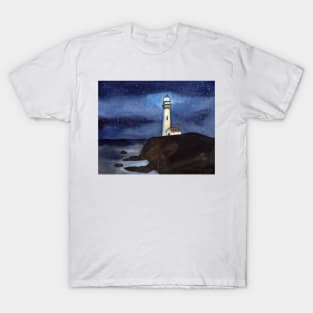 Lighthouse on a cliff at night time T-Shirt